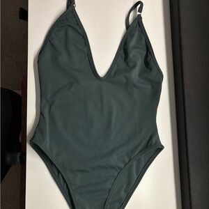 Sleek V-Neck One-Piece Swimsuit — Dark Teal